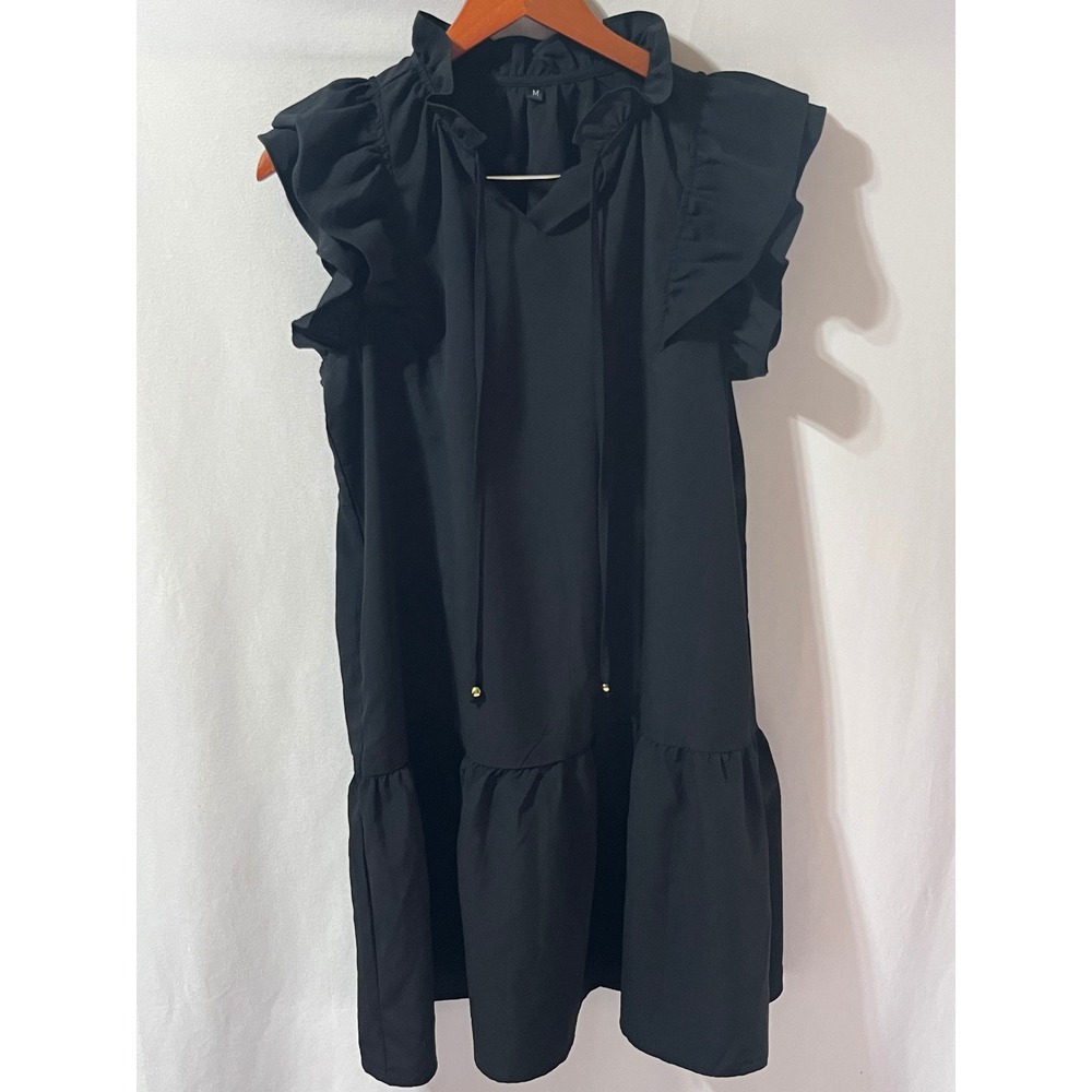 Black Ruffle Cap Sleeve Tiered Mini Dress with Pockets Tie Neck Size M